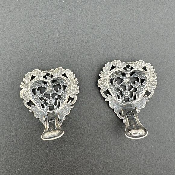 Vintage Silver Filigree Painted Flowers Heart Clip-on Earrings Puffy 1 3/8 - Picture 6 of 13